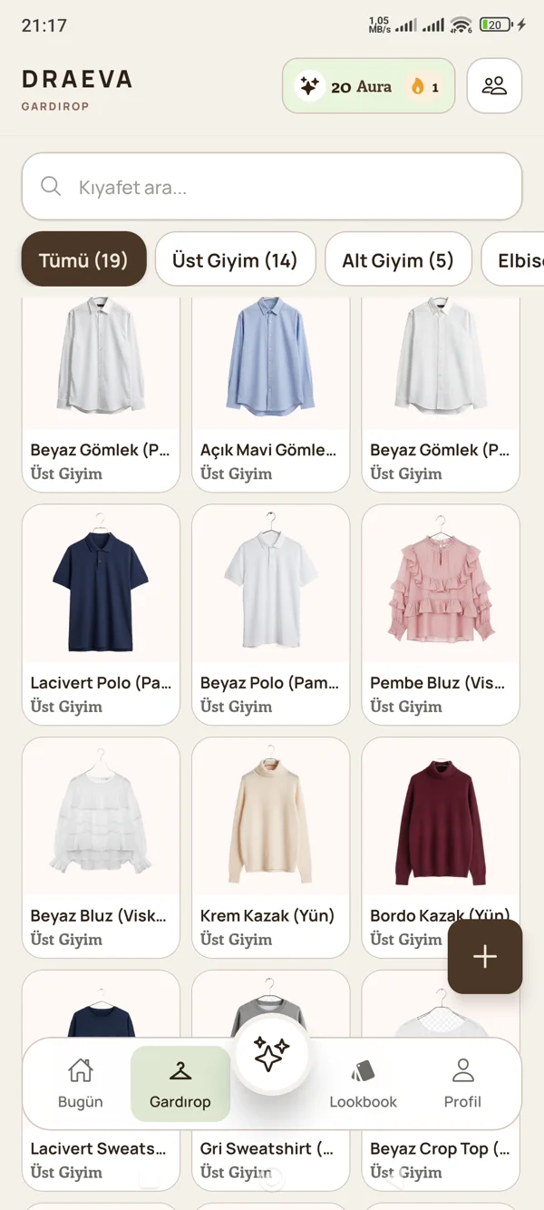 DRAEVA digital wardrobe with categorized clothing items